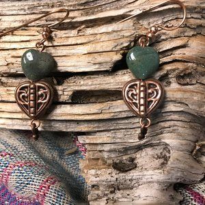 Handmade Romantic Jade Heart Copper Ear Wires